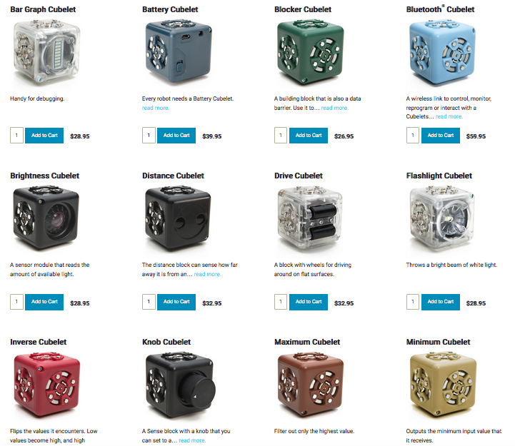 A variety of cubelets available from the Modular Robotics website. 